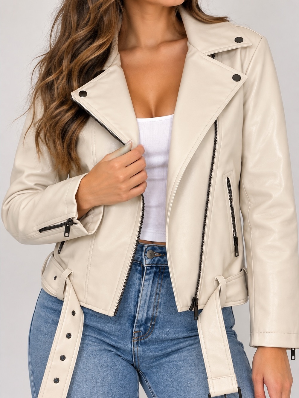 ASOS Cream Biker Leather Jacket with Belt